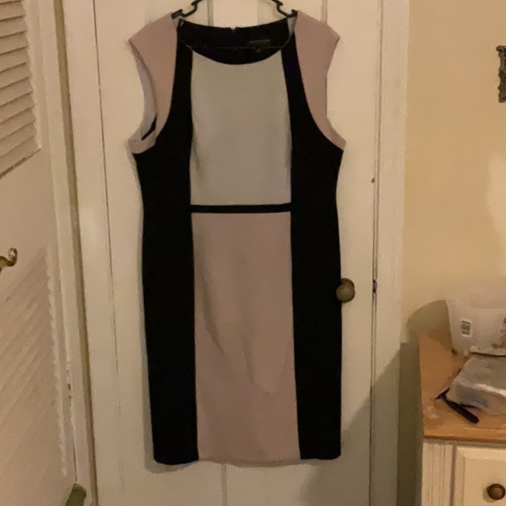Connected Apparel Tan and Black Sheath Dress Sleeveless Crew Neck